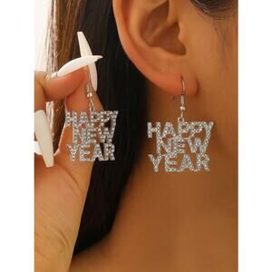 Happy New Year Rhinestone Dangle Earrings Silver Party Statement 4.5cm